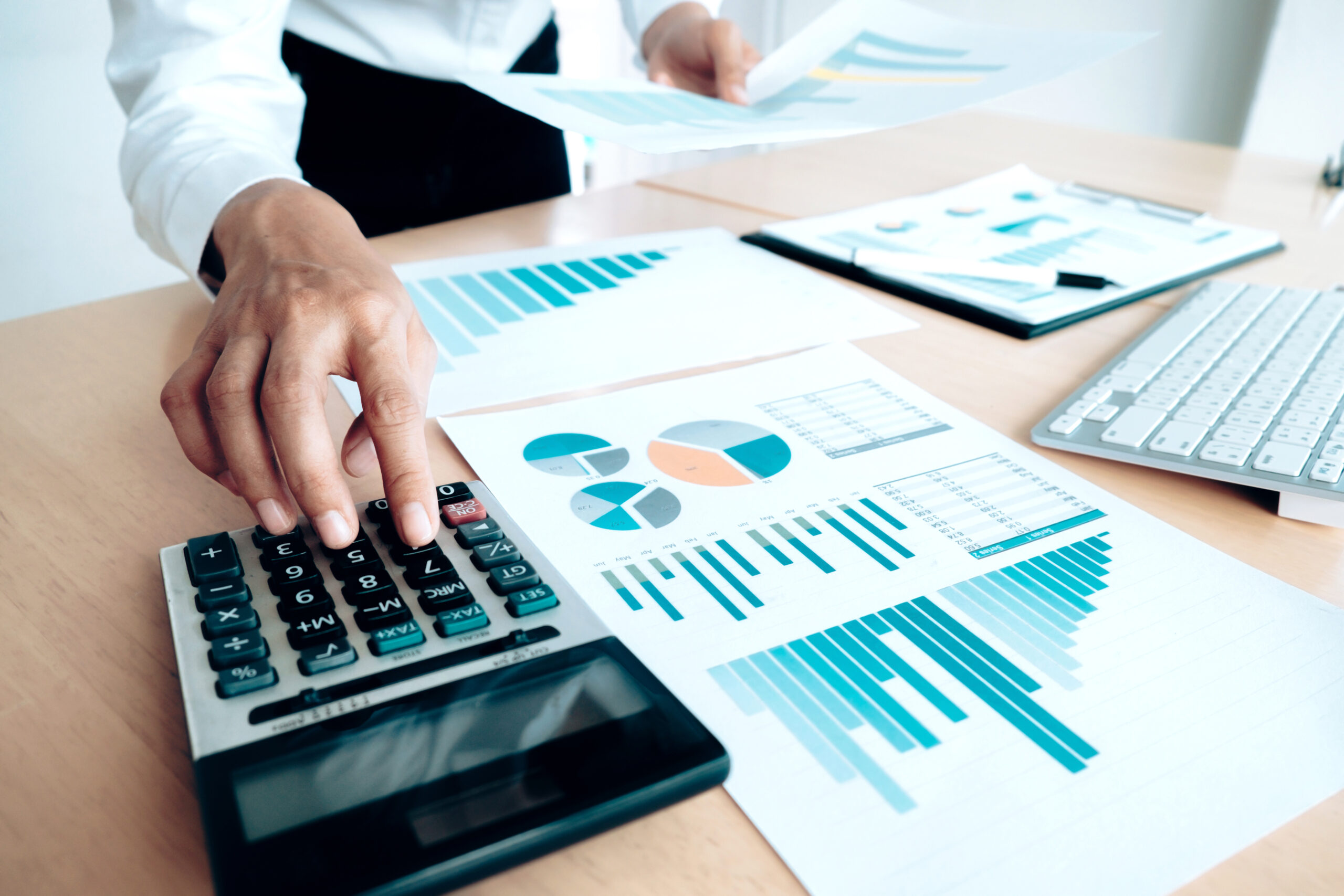 Finances Saving Economy Concept Female Accountant Banker Use Calculator Scaled